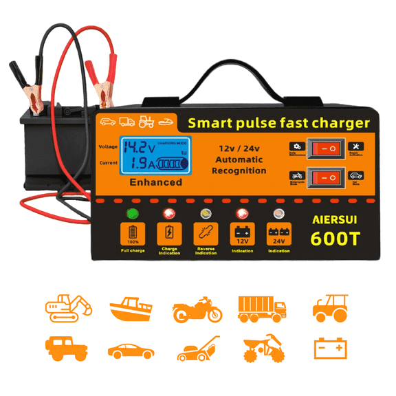 AIERSUI Smart Battery Charger, Auto-Detect 12V/24V, 6AH~200AH Charger, Automatic Battery Maintenance, Pulse Repair & Trickle Charger, Suitable for Motorcycles, Boats, Cars, Lawnmowers, etc.