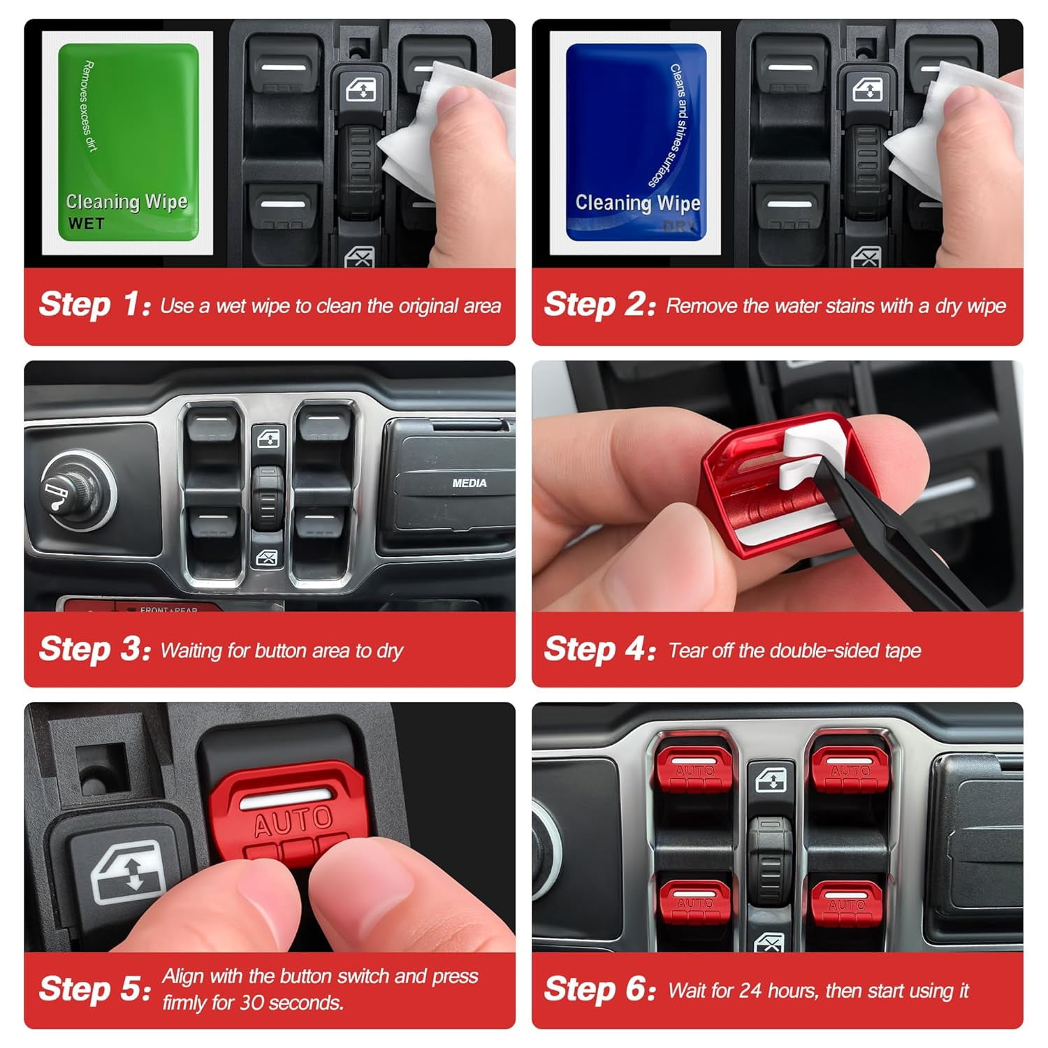 4PCS Premium Aluminum Window Decorative Switch Ring Trims Button Cover Set for Jeep Wrangler JL JLU 2018-2025 2026 & Gladiator JT 2020-2026 Accessories - Metal Finish, Interior Upgrade (Red)