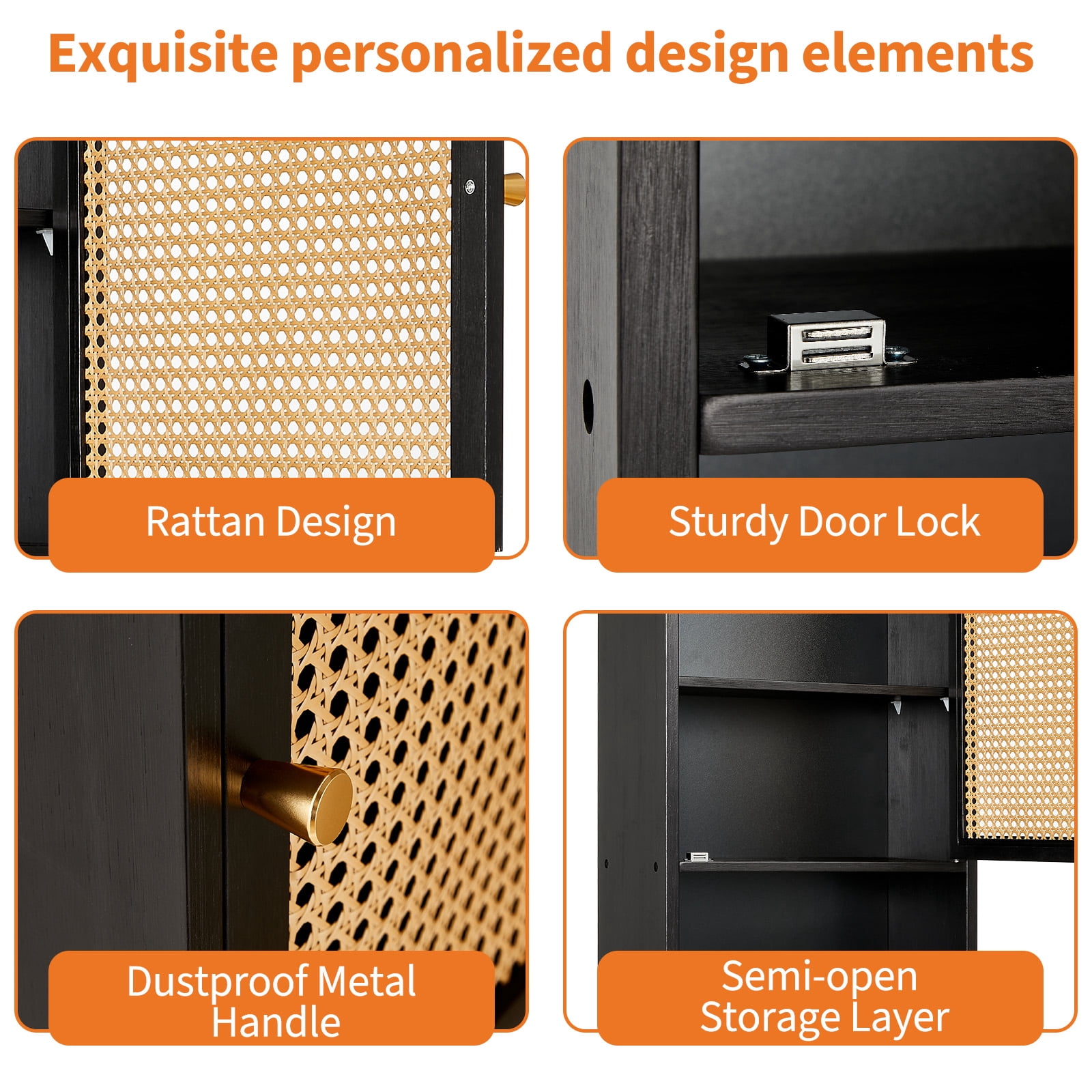 Garvee Bathroom Wall Cabinet, Bamboo Over-The-Toilet Storage Organizer with Rattan Doors and Adjustable Shelf, Space Saver Medicine Cabinet for Laundry, Kitchen, Living Room and Home Office Black