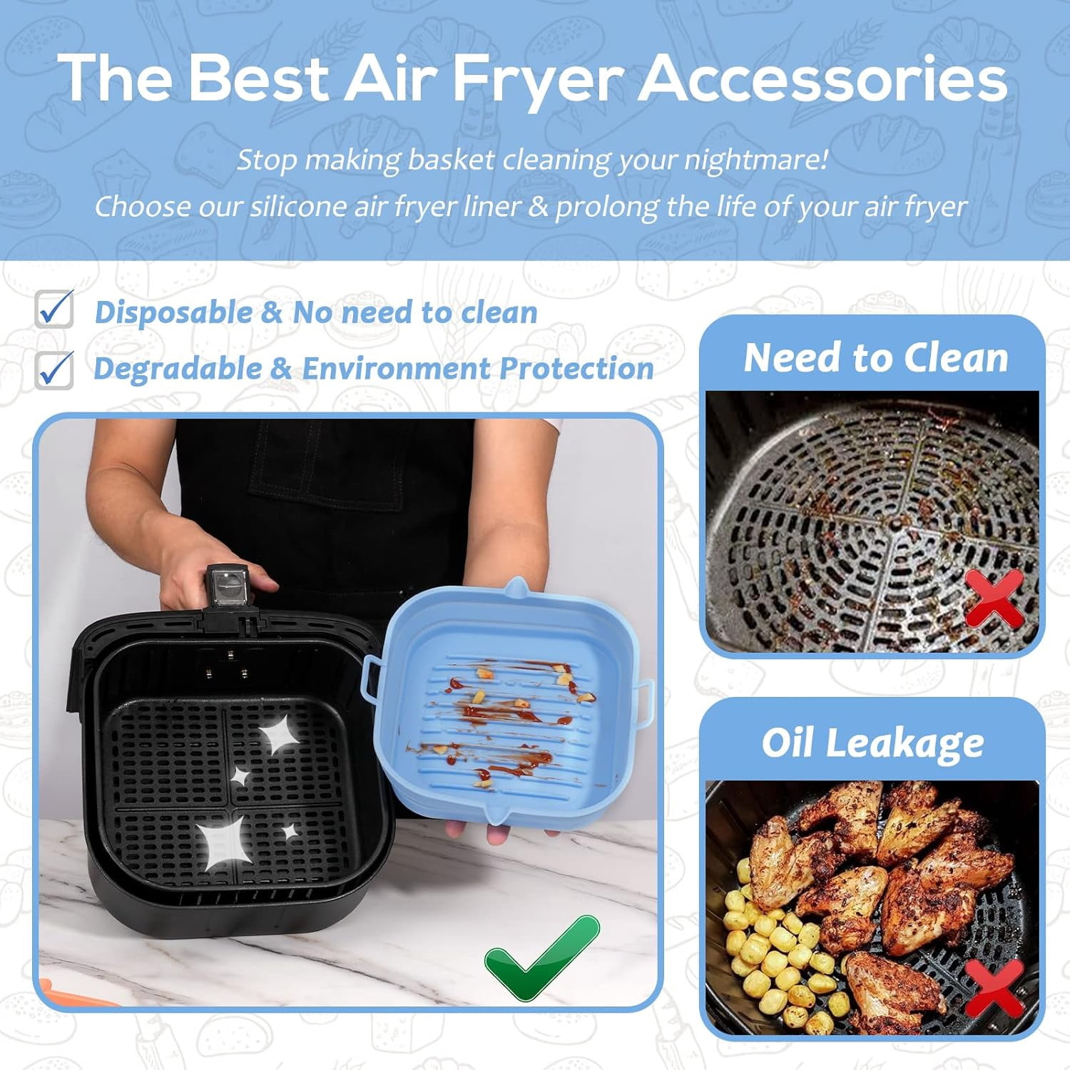 JJEAN-[2 Pack] Silicone Air Fryer Liners Square - Reusable Airfryer Basket - Easy to Clean Air Fryers Pot for 5.8 to 8 Qt Large Air Fryer Baking Tray Oven Accessories, 8.5 Inch