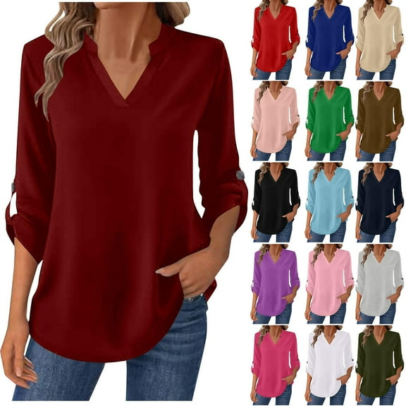 Ashirexll Womens Long Sleeve T Shirts Winter Tops for Women Solid Color V-Neck Button Down Blouse Casual Long Sleeve Top