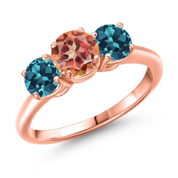 Gem Stone King 18K Rose Gold Plated Silver Ecstasy Mystic Topaz and London Blue Topaz Engagement Ring for Women | 2.40 Cttw | Round 6MM | Gemstone November Birthstone | Size 5