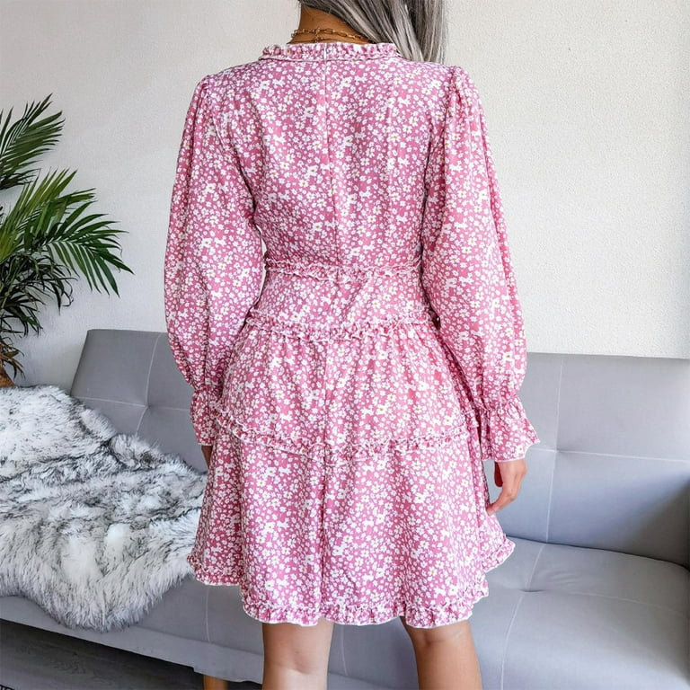 Bigersell 1920s Dresses for Women Short Sleeve Women Autumn and Winter  V-neck Waist Chiffon Pleated Dress formal Dresses for Teens Regular Sun Dress  Dresses, Style 28808, Pink L - Walmart.com