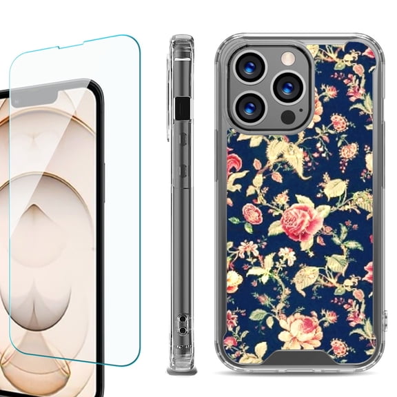 Shockproof Bumper Phone Case for iPhone 13 Pro Max, with Tempered Glass Screen Protector, by OneToughShield ® - Floral Garden