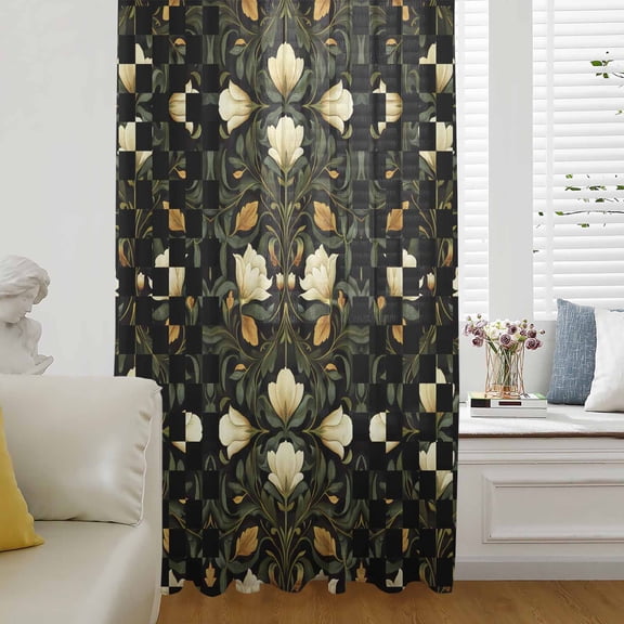 White Green Flower Semi Sheer Curtains Drapes for Living Room,Bedroom,French Doors Window 84 Inches Long,Vintage Geometric Floral Plant Leaves Rod Pocket Chiffon Curtain Drapery Voile Drape Panel