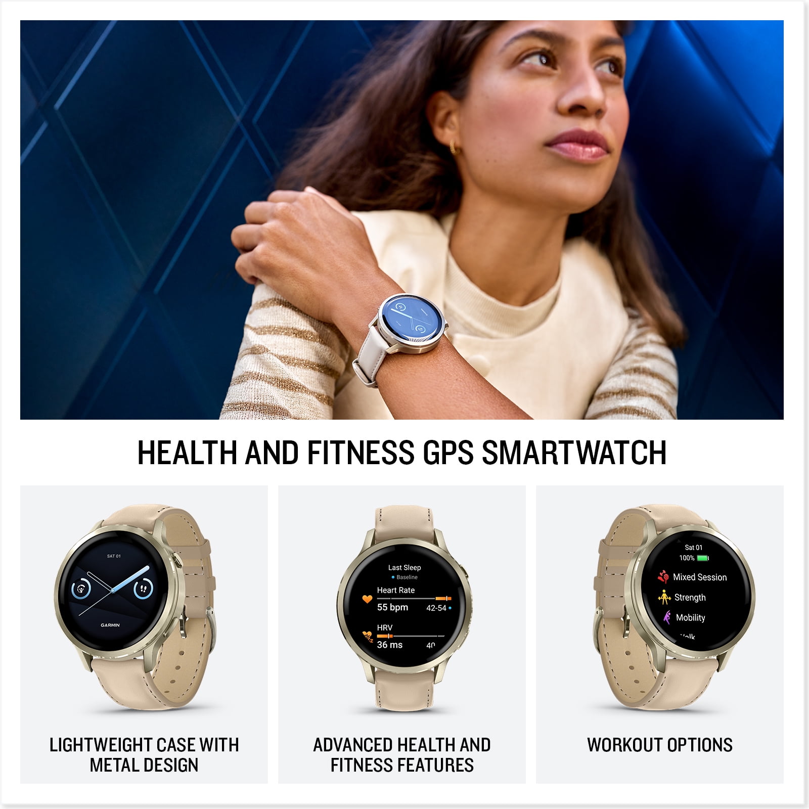 Garmin Venu 4 41mm GPS Fitness Smartwatch, Lunar Gold with Light Sand Leather Band Bundle