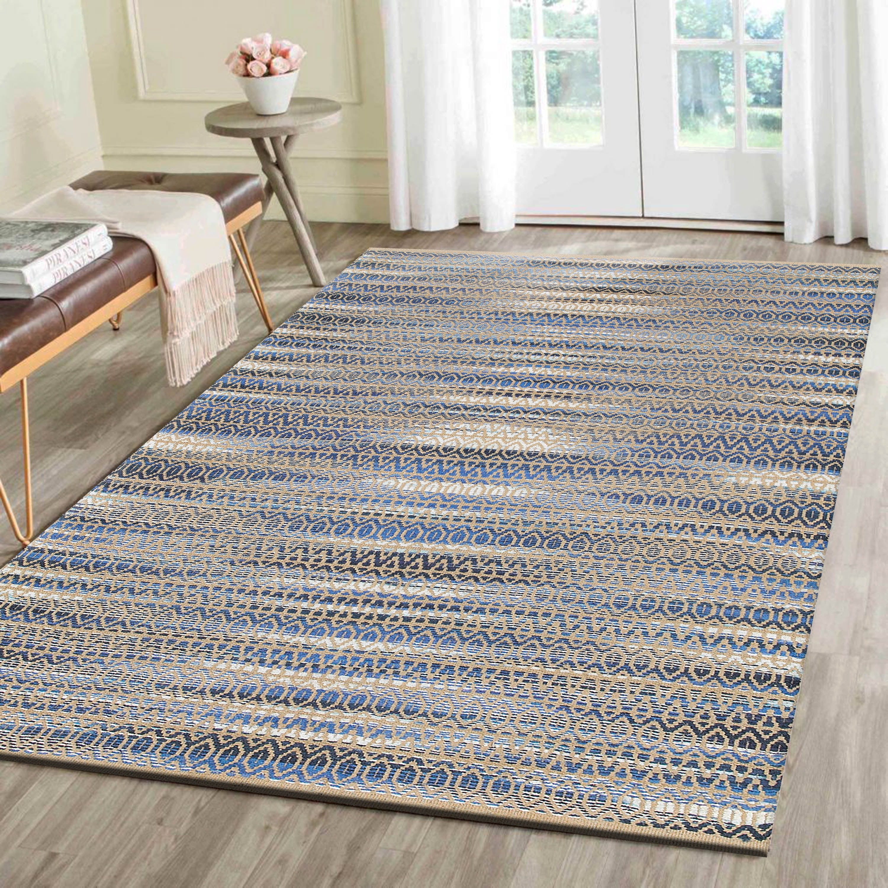LR Home Ollie 9' x 12' Brown/Blue Striped Geometric Braided Jute Indoor Area Rug
