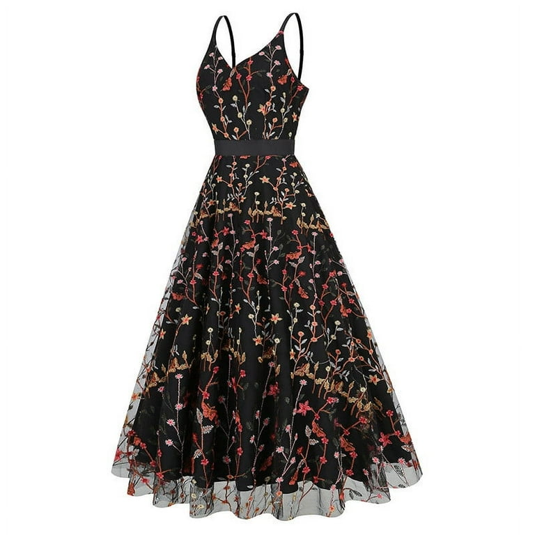 embroidered black maxi dress Women's Floral Embroidered Maxi Dress with Sheer Overlay – Rolenna main image 0
