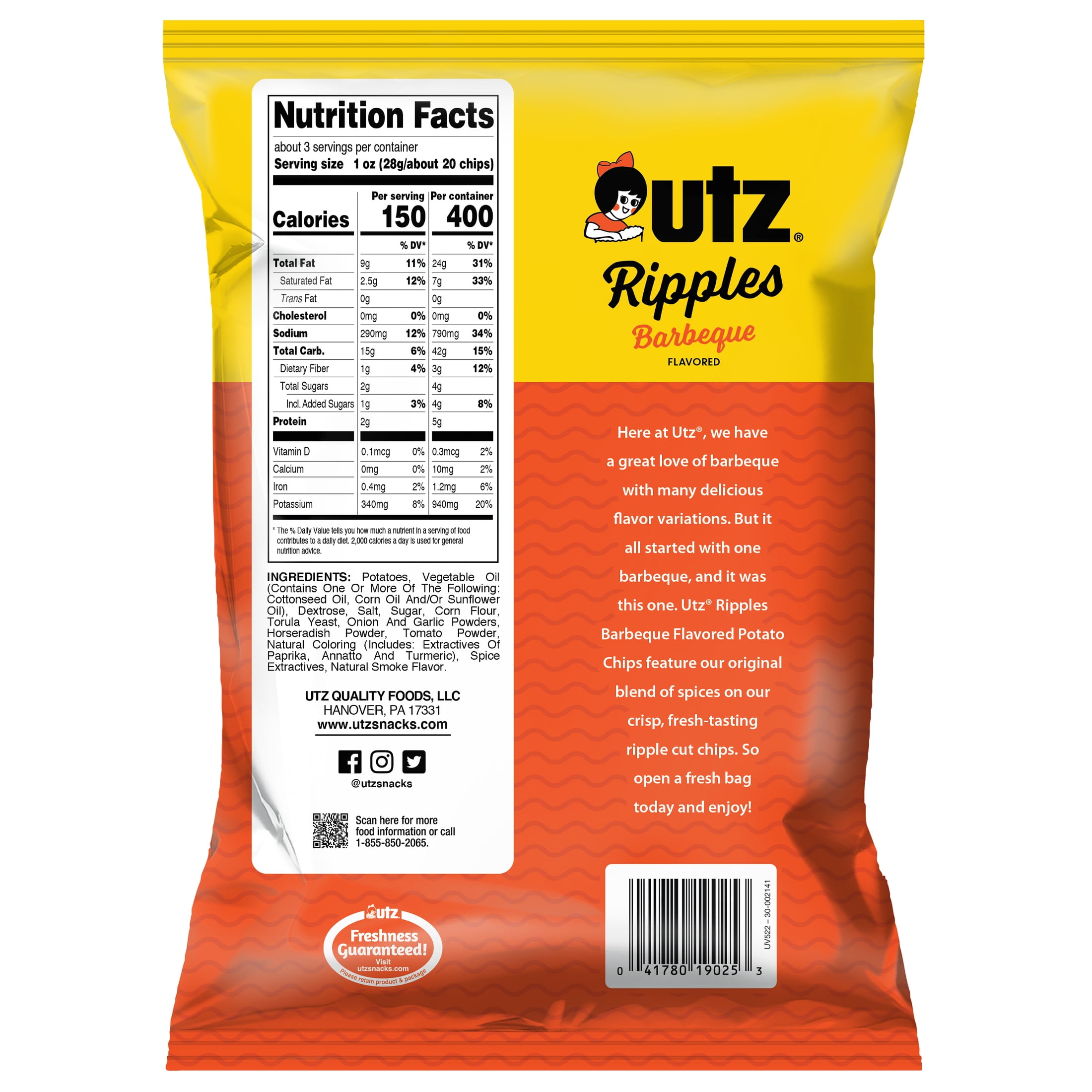 Utz Barbeque Ripples Potato Chips, Gluten-Free, 2.75 oz Bag