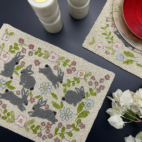 Set of 6, Easter egg and bunny beaded placemat, multicolour 12x16inch