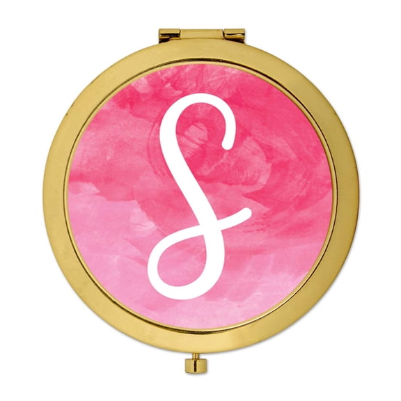 Koyal Wholesale Gold Compact Mirror Bridesmaid's Wedding Gift, Blush Pink Watercolor, Monogram Letter S, 1-Pack