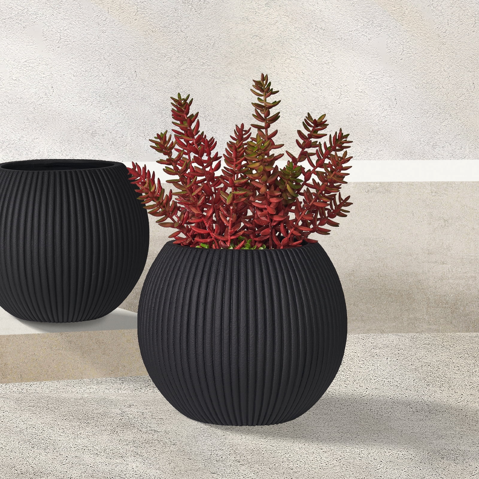 TerraDeco 16 Inch Handmade Concrete Outdoor Planter - Classic Striped Design | Fiberglass & Composite Material | Durable for Commercial & Home Decor