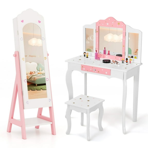 Gymax Kids Vanity Set Princess Makeup Dressing Table & Chair Set w/ Jewelry Armoire White