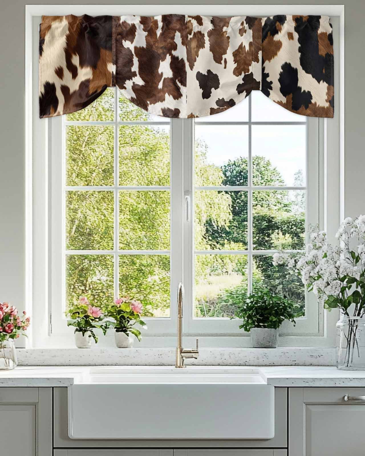 Cowhide Tie Up Valances Curtain, Adjustable Kitchen Cow Skin Texture Valances for Windows Decor, Rod Pocket Short Curtains Set for Bedroom/Bathroom, 60"x18"