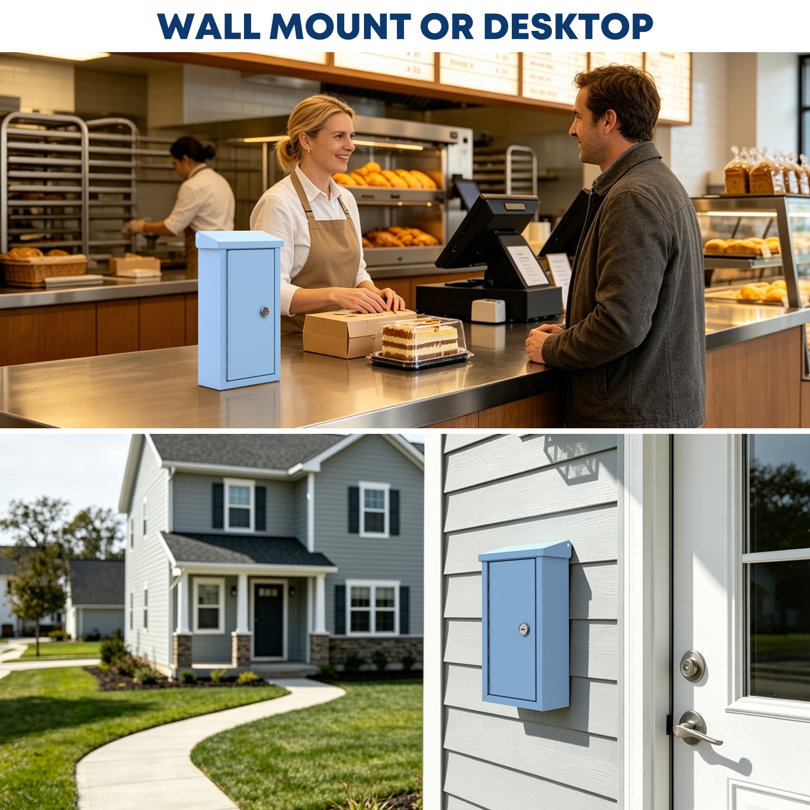 Pochar Money Cash Key Drop Box Wall Mount with Key, Metal Donation and Suggestion Box with Slot and Lock for Home, Office, 10.24" x 5.7" x 2.95" (Blue)