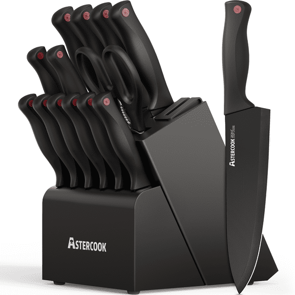 Astercook 14-Piece Kitchen Knife Set, Knives Block Set with Built-in Sharpener, Healthy Anti-Rust Coating & German Stainless Steel Knife Set, Dishwasher Safe Black