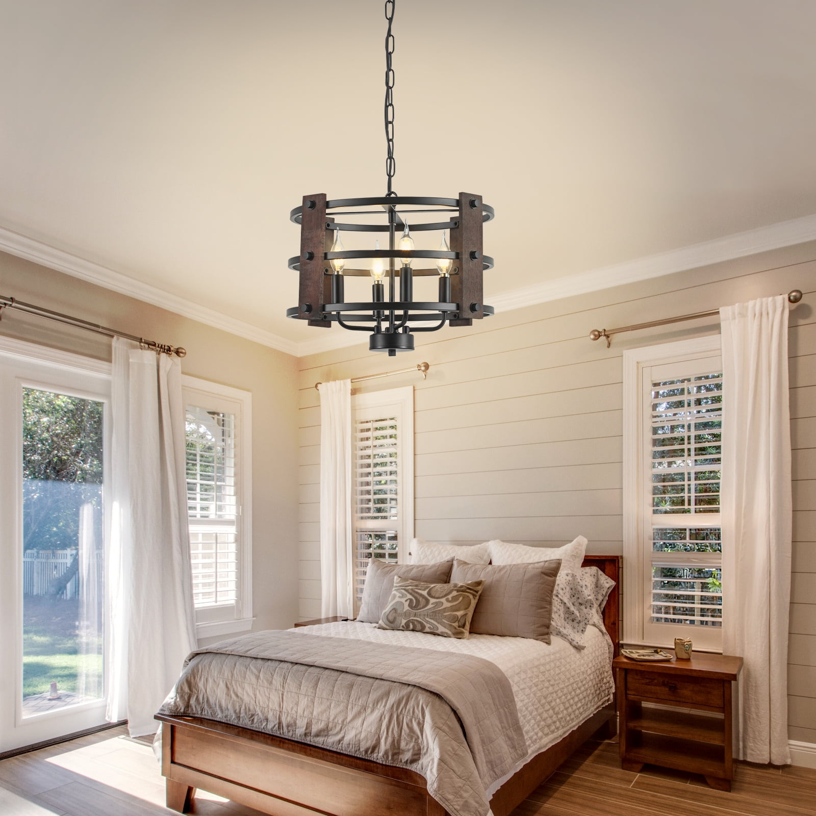 Drum Farmhouse Chandeliers, Black Pendant Light Semi Flush Mount Ceiling Lighting Fixture