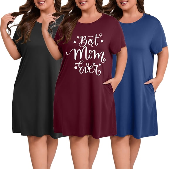 PinkBeautiM Plus Size Womens Nightgown Short Sleeve Sleepwear With Pockets Nightshirts Crew Neck Pajama Dress 3 Pack