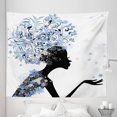 thumbnail image 1 of Retro Tapestry, Illustration of a Flower Haired Girl and Snowflakes Design Pattern Print, Fabric Wall Hanging Decor for Bedroom Living Room Dorm, 5 Sizes, Slate Blue and Black, by Ambesonne, 1 of 1
