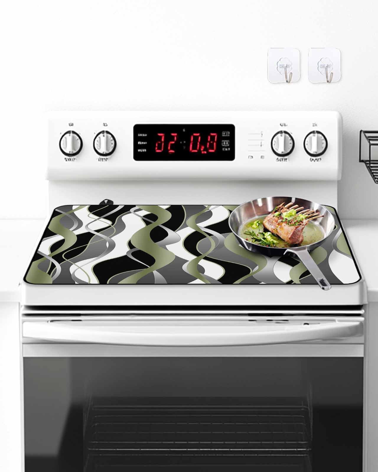 Stove Top Covers for Electric Stove, Sage Green Stripe Glass Stovetop Cover Protector, Grey White Geometric Modern Abstract Induction Cooktop Protector Oven Mat for Kitchen Countertop 24"x21"