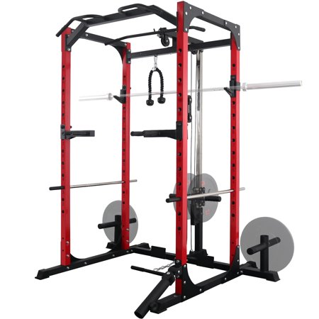 MJDB Power Cage with LAT Pulldown System,1200LBS Weight Capacity Power Rack Cage, Multi-Functional Squat Rack with 13-Level Adjustable Heights and J-Hooks, Dip Bars, Gym Equipment (Upgraded)