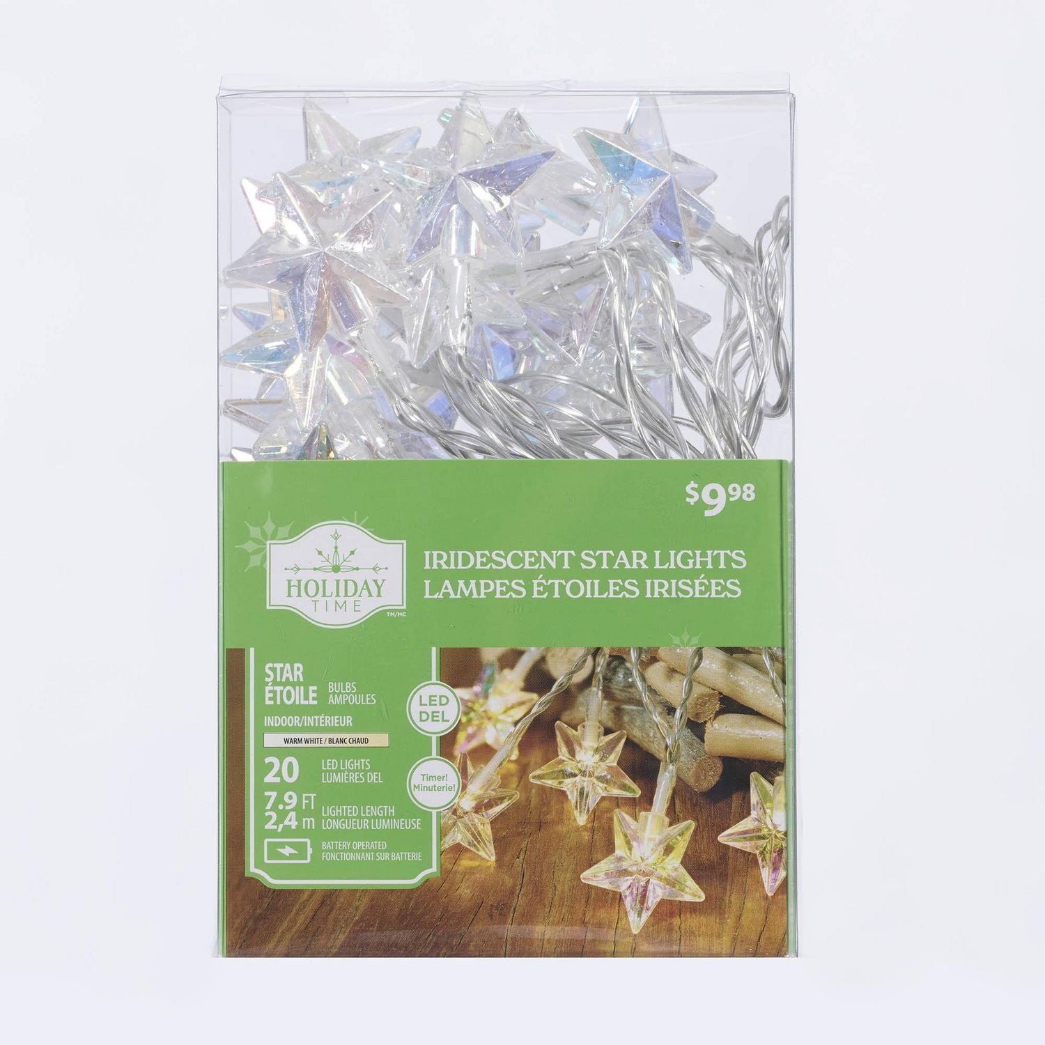 Holiday Time 20-Count Battery-Operated Warm White LED Star Christmas Lights, with Timer, 7.9'