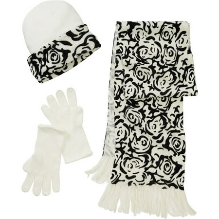 Women's 3-Piece Hat, Gloves and Scarf Floral Knit Set