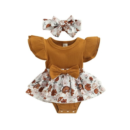 

Multitrust Baby Girls Summer Clothes Set Flying Sleeves O-neck Fake 2-piece Patchwork Romper with Floral Print Headband