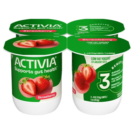 Activia Strawberry Low Fat Probiotic Yogurt Cups, Helps Support Gut Health, 4 oz, 4 Count