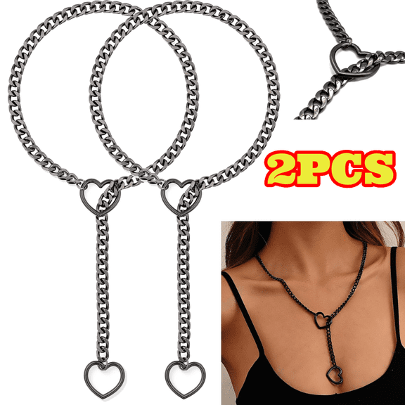 2pcs Heart O-ring Slip Chain Necklace For Women, Handmade Punk Gothic Cuban Necklace Jewelry Adjustable Lariat Y-Necklace