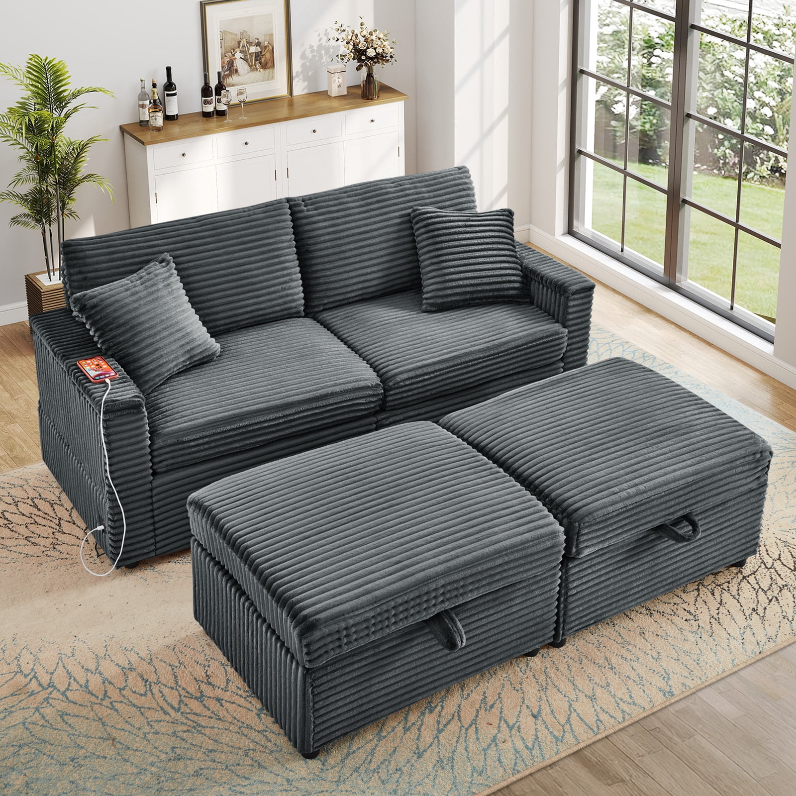 Muumblus Loveseat Sectional Sofa with 2 Storage Ottomans, Modular Cloud Couch with 2 Side Tables & USB, Plush Double Chaise Lounge Sofa Bed Indoor, Gray Corduroy