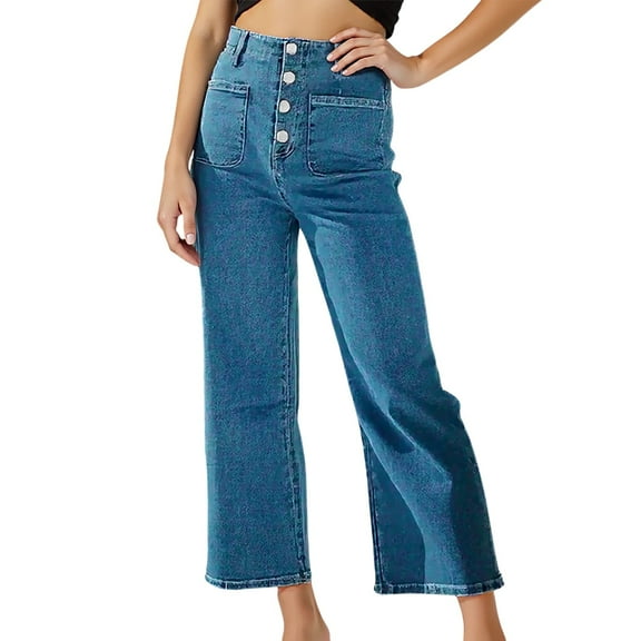 shqvo Women's Jeans High Waisted Stretchy Straight Leg Jeans Buttoned Loose Wide Leg Denim Pants with Pocket Sky Blue S