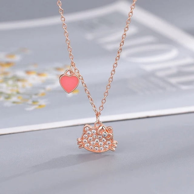 Collar de cristal Rosa Sanrio de Hello Kitty, cadena de joyería de Anime de aleación de plata, encanto femenino, accesorios de San Valentín, regalo para niña