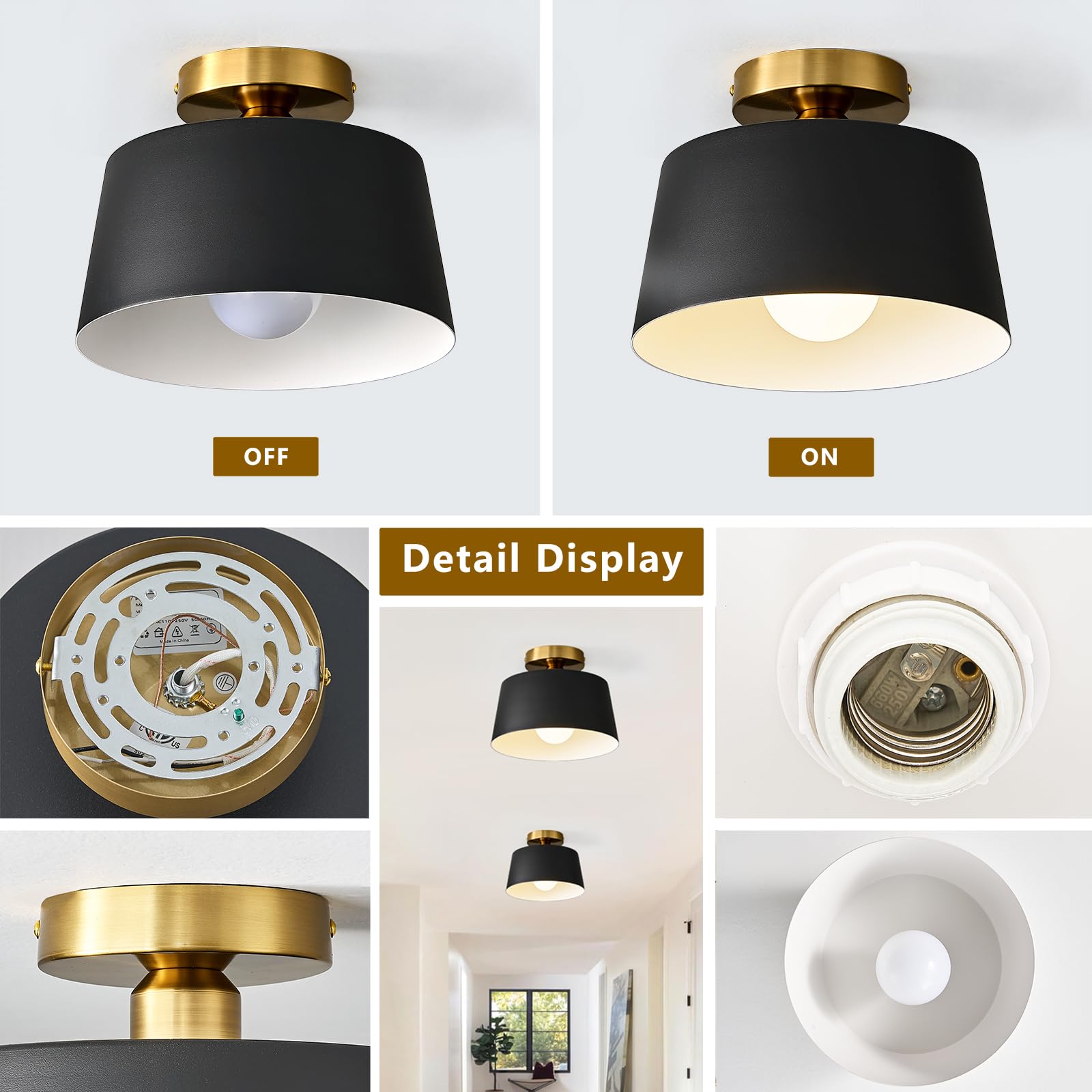Modern Semi Flush Mount Ceiling Light 2 Pack,Metal Ceiling Light Fixture,E26 Ceramic Lamp Head,Black and Gold Ceiling Lamp for Hallway Kitchen Entryway Bedroom Laundry Room