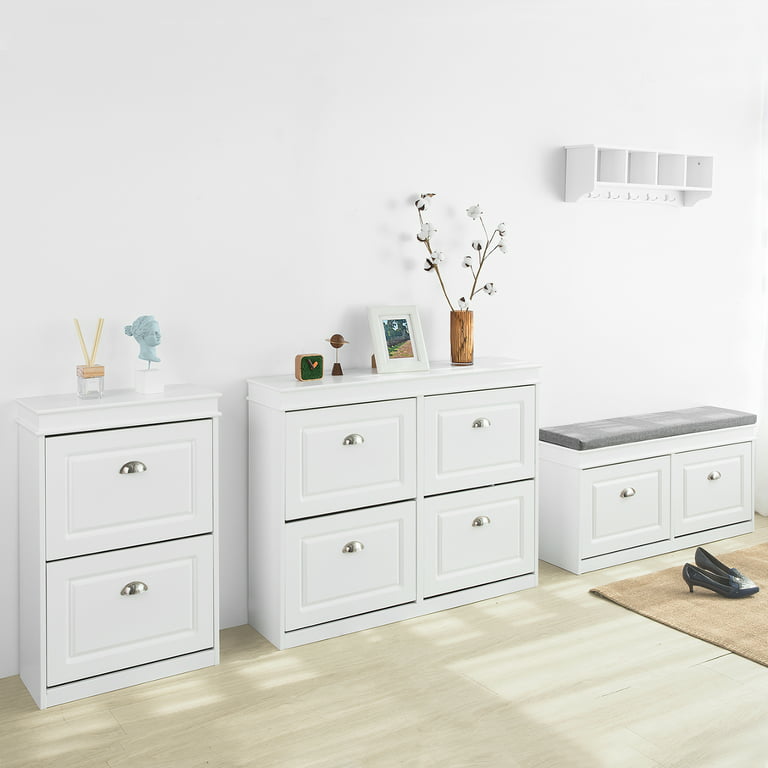 Haotian FSR79-W, White Storage Bench with 4 Drawers & Padded Seat Cushion,  Hallway Bench Shoe Cabinet Shoe Bench 