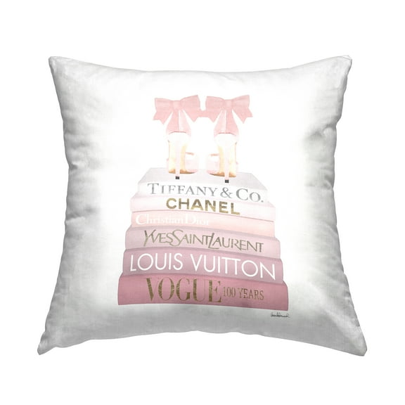 Stupell Industries Pastel Pink Bow Heels Glam Fashion Bookstack Design by Amanda Greenwood Throw Pillow
