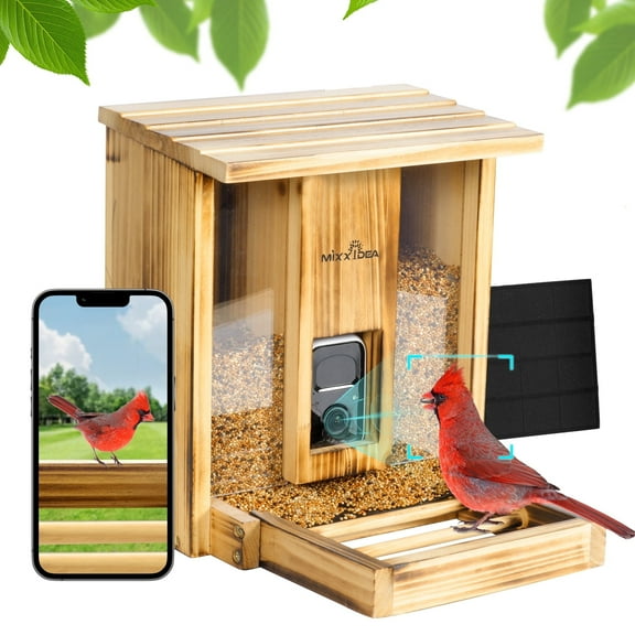 MIXXIDEA Wooden Bird Feeder with Camera, Smart Bird Feeder with Solar Panel, AI Identify Over 10000 Bird Species, 2K HD  Video, Cloud Storage, Large Capacity, Ideal for Bird Lover
