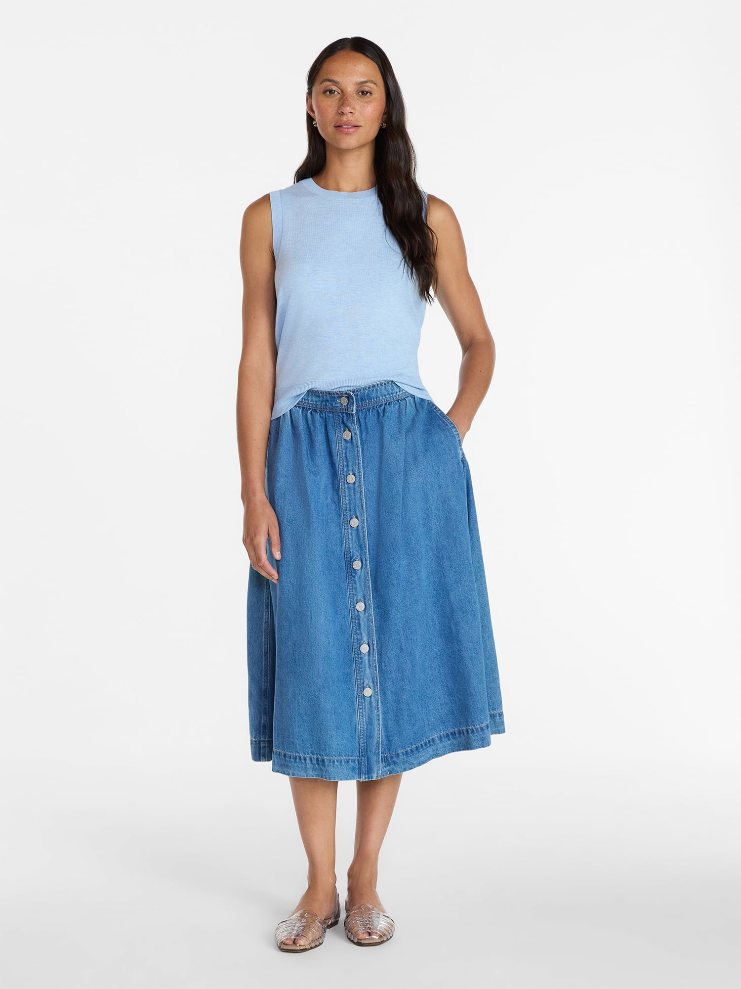 Time and Tru Women's Button Front Denim Midi Skirt, Sizes XS-XXXL