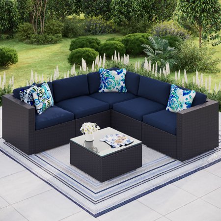 MF Studio 6 Piece Patio Sofa Set Outdoor Furniture Sectional All-Weather Wicker Rattan Sofa Navy Blue