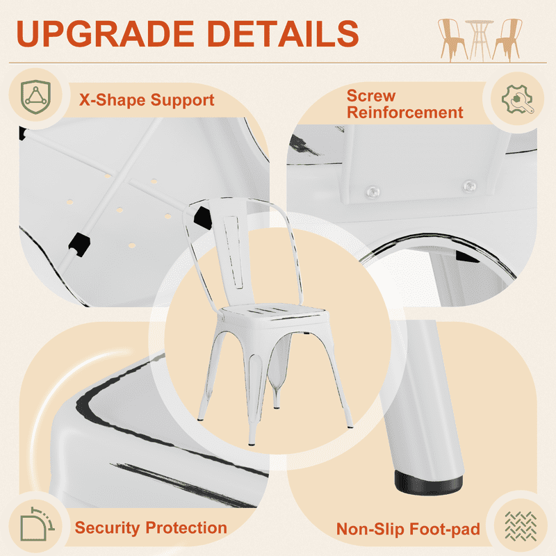 Furmax Set of 4 Metal Dining Chairs Stackable Indoor Industrial Vintage Chairs,Distressed White