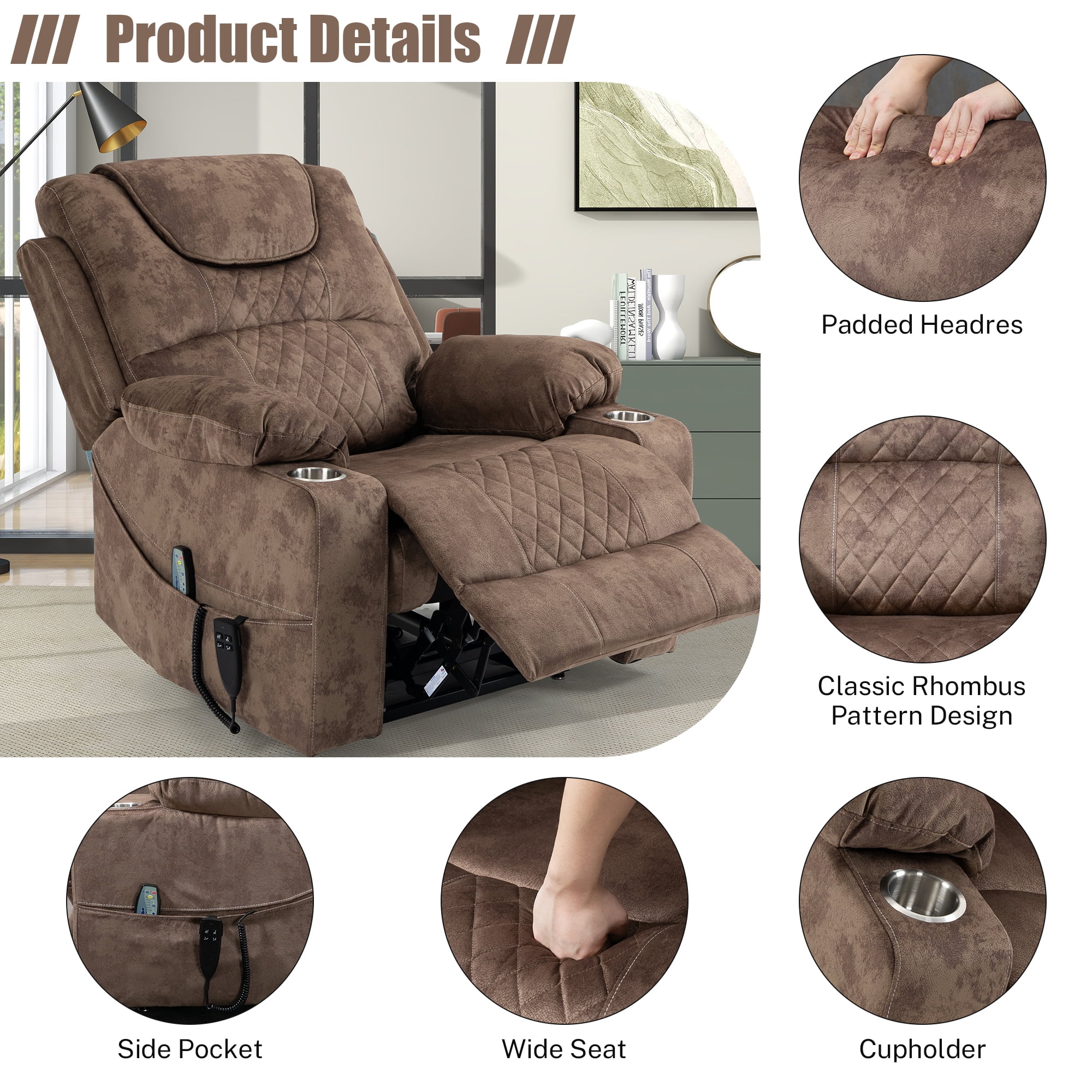 LEGAHOME Large Lift Chair with Heated and Massage Functions, Extended Fabric Lift Recliner Relax Sofa with 2 Remotes and 2 Cup Holders, Oversize Electric Power Lounge Chiar for Elderly Big Men, Brown
