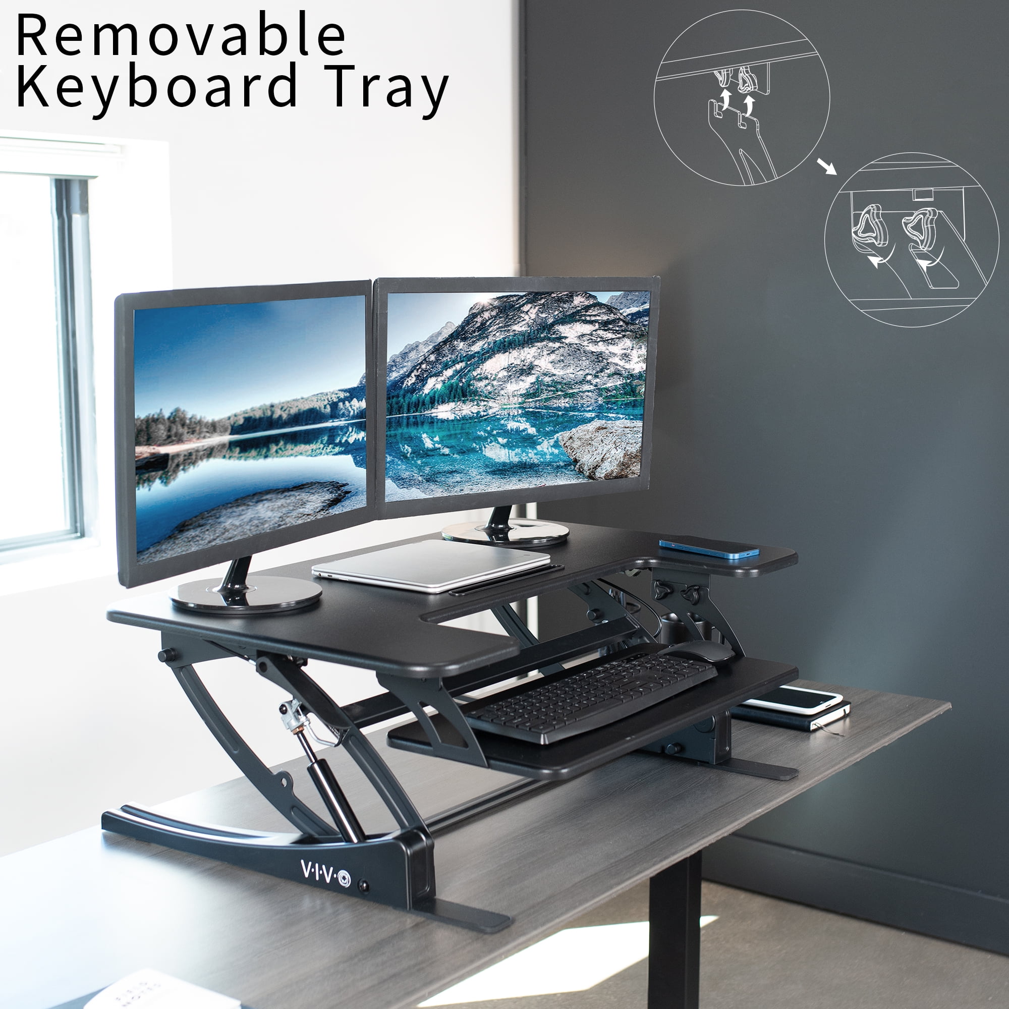 VIVO Black Height Adjustable Standing Desk Monitor Riser Tabletop Sit to Stand