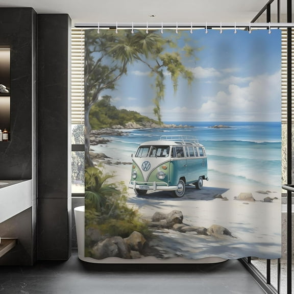 Tour Bus Shower Curtain Palm Tree Beach Ocean Surfboard Surf RV Summer Hawaii Coastal Theme Seaside Vacation Beach Camping Car Bathroom Curtain Decor Set with 12 Hooks 72x72 inches (B)