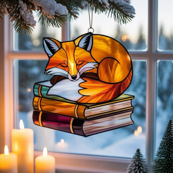 Fox Acrylic Suncatcher, Sleeping Fox on Books Window Hanging, Fox Stained Glass Ornament, Book Lover Gift, Library Decor, Halloween Decor