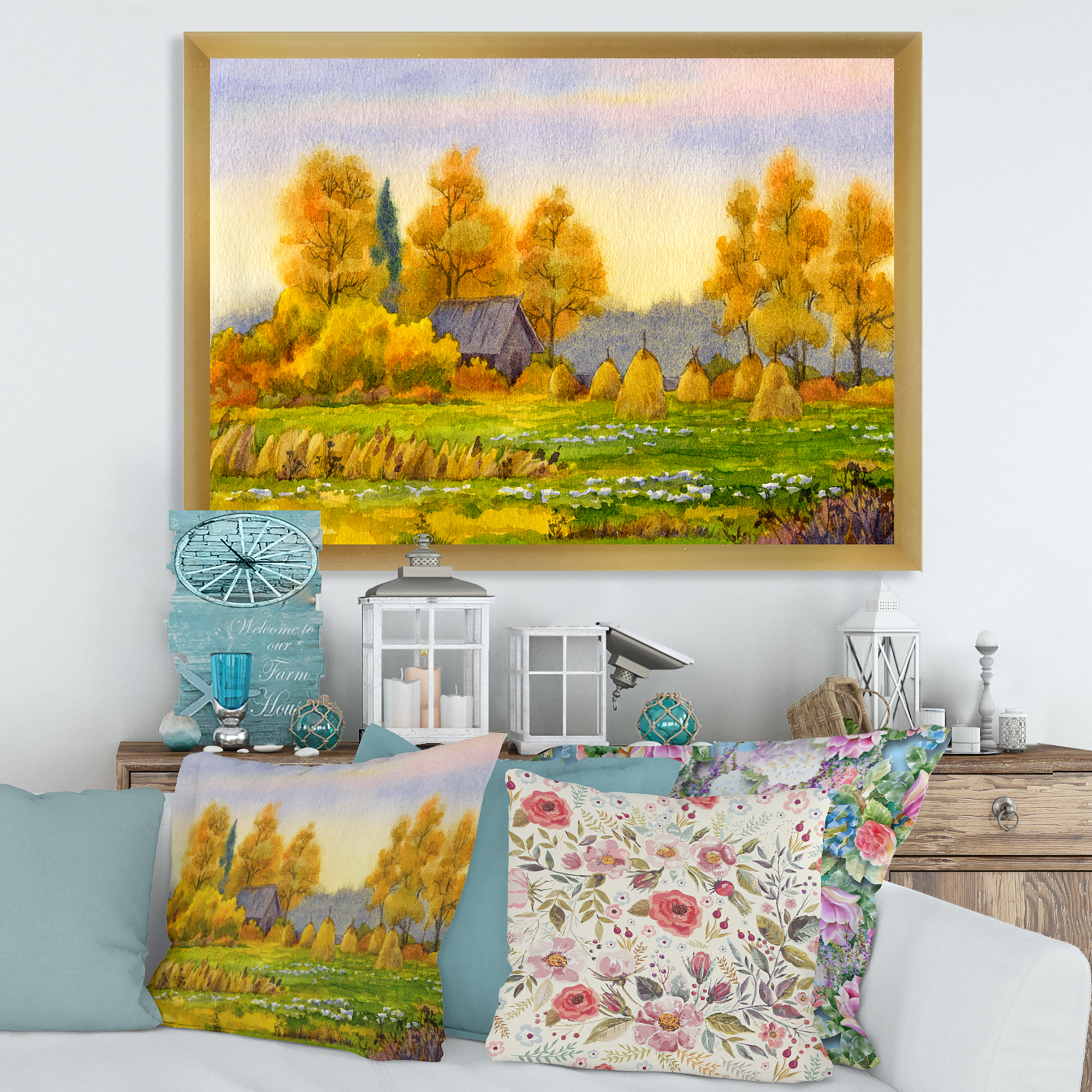 Designart 'Orange Fields With Haystacks II' Lake House Framed Art Print