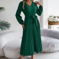 thumbnail image 4 of SMihono Fashion Classic Pleated Dresses Womens High Waist Shirt Dress with Belt Long Sleeve Button Up V-Neck Fashion Flowy Midi Dress Spring A-Line Long Dresses Green 4, 4 of 7
