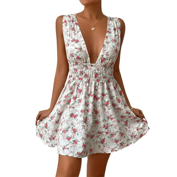 Biekopu Women's Summer Mini Dress,Sleeveless Deep V Neck Floral Print Smocked Short Flowy Dress