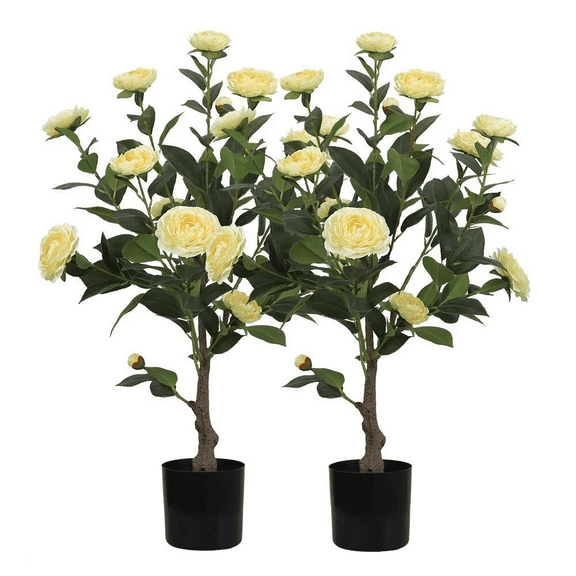 31“ Artificial Yellow Camellia Tree (Set of 2)