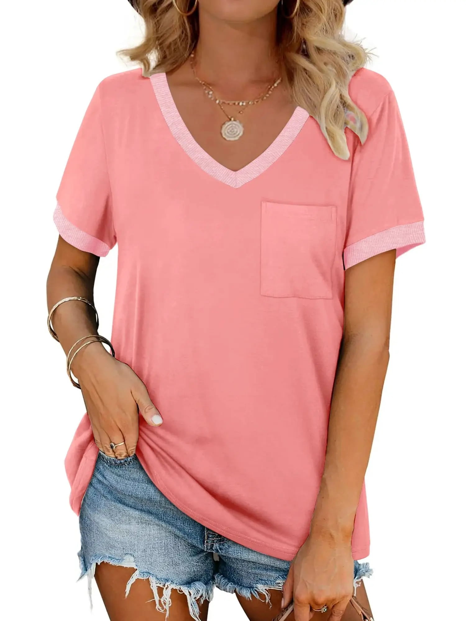 MOSHU V-Neck Women T Shirts Short Sleeve Loose Summer Tops for Women with Pocket