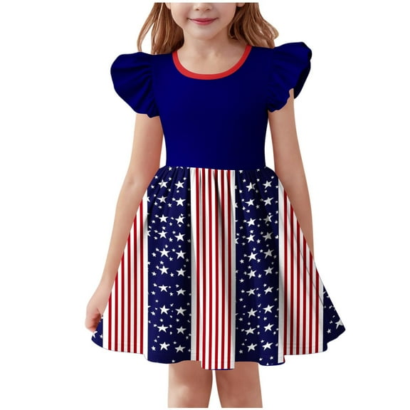 ZACPNCV Girls 4th of July Dress Toddler Girl USA Flag Dresses Flutter Sleeve Patriotic Clothes Independence Day Outfits Blue 13-14 Years